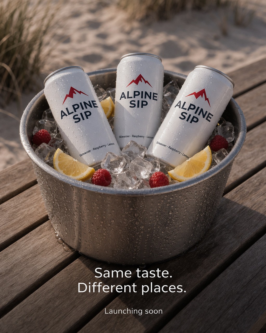 Alpine Sip cans in ice with raspberry and lemon